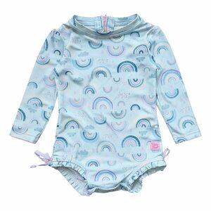 RuffleButts Whimsical Rainbow Rash Guard One Piece 12-18M Pastel Swim